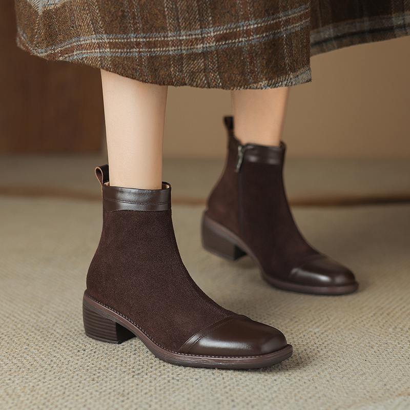 Krazing Pot Cow Skin Cow Suede Winter Square Toe Thick Heels Chelsea Fashion Boots Women Zipper Patch Work Women Ankle Boots