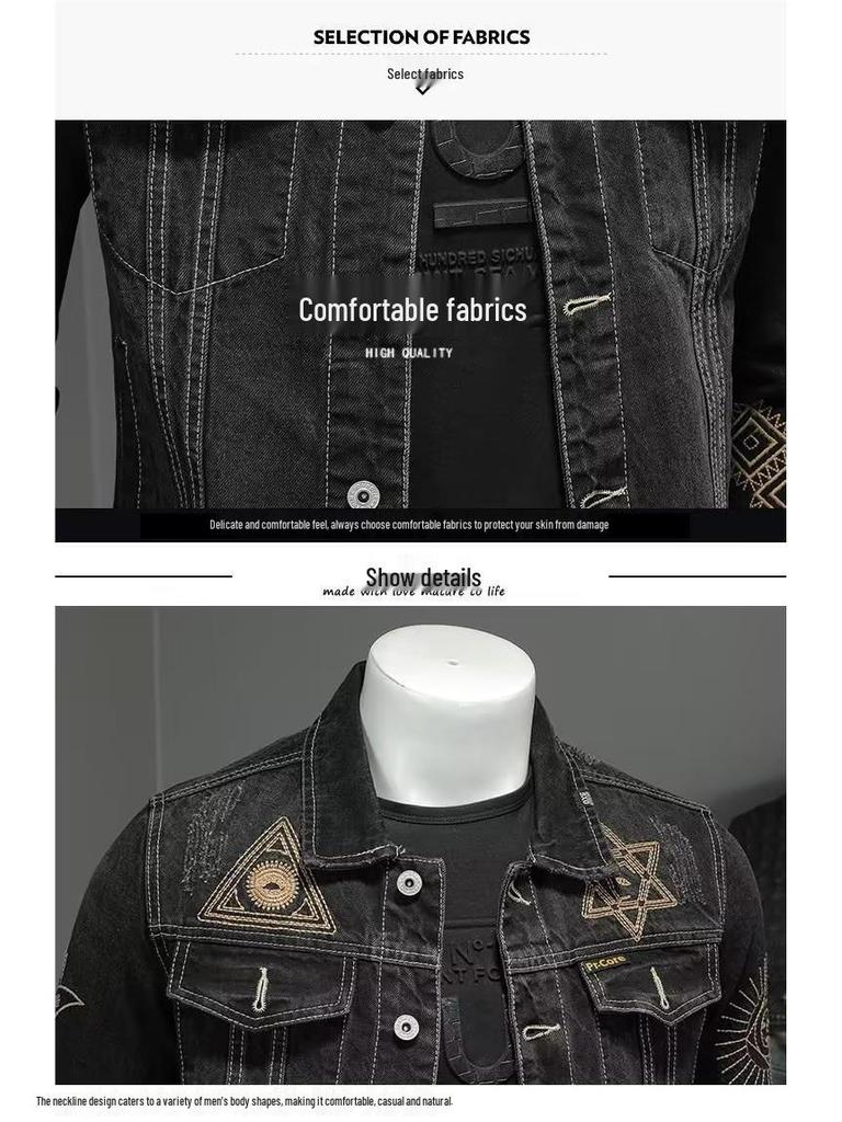 Men's Retro Embroidered Denim Jacket – European & American Style, Autumn/Winter Casual Loose Lapel Workwear.