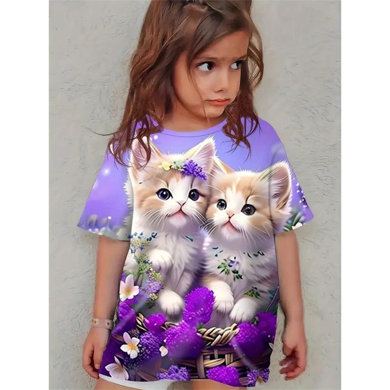 Cute Cat 3d Printed T Shirt Girls T-Shirts 2025 Cartoon Animal Trendy Girl Children Tshirts Casual Baby Clothes Top Tee Summer