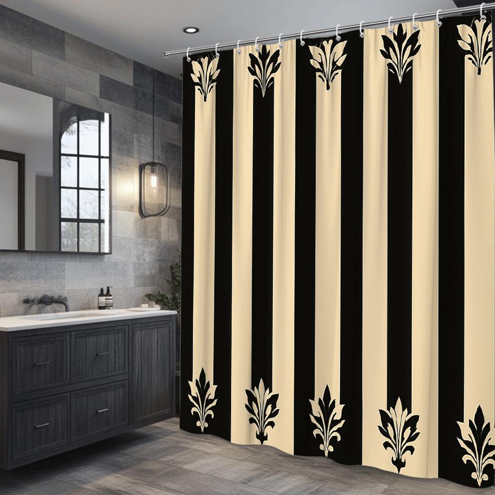 Schwarz-Creme-Streifen Duschvorhang Lilienmuster Klassisch Elegant Dekor Modernes Badezimmer Design Wasserdicht Ungiftig