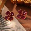 European Retro Geometric Red Metal Earrings with Pearl Flower Studs
