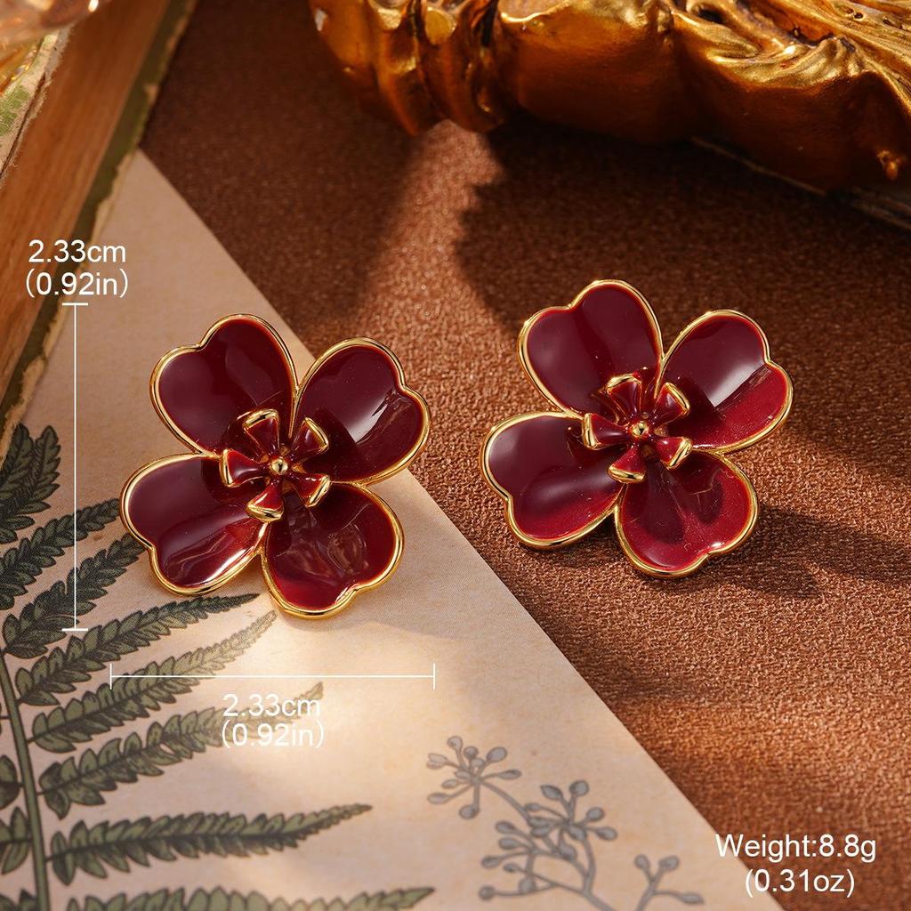 European Retro Geometric Red Metal Earrings with Pearl Flower Studs
