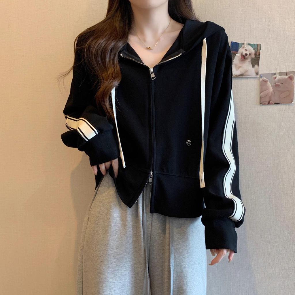 Mikina s kapucí na zip pro ženy plus size v korejském stylu - Novinka pro rok 2025, Podzimní/jarní bunda s dlouhým rukávem, všestranná