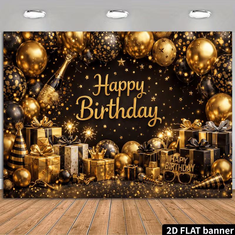 

2D Adult Black Gold Happy Birthday Backdrop Champagne & Party Props Background 47.2x31.5inch/120*80cm
