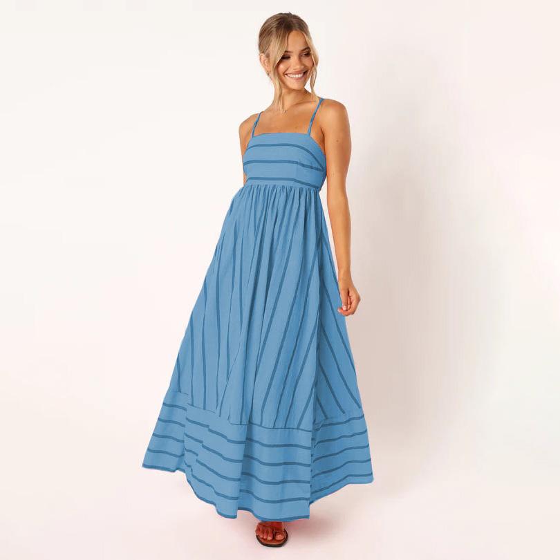 Women Spring Sleeveless Striped Slim Suspender Camisole Dress Summer Casual Ankle-Length Backless High Waist Loose Dresses S-XL