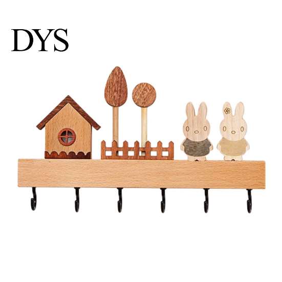 No Drill Key Hook Wooden Holder with 6 Hooks, Decorative Entryway Organizer Natural Wood Coat Rack Rack, Easy Wall Mount Installation Hanger for Home