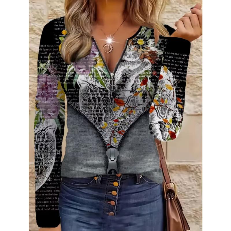 Elegantes Damenoberteil mit Reißverschluss und Print, langärmelig, stilvoll und vielseitig für Herbst und Winter, Freizeit- und Bürokleidung, maschinenwaschbar