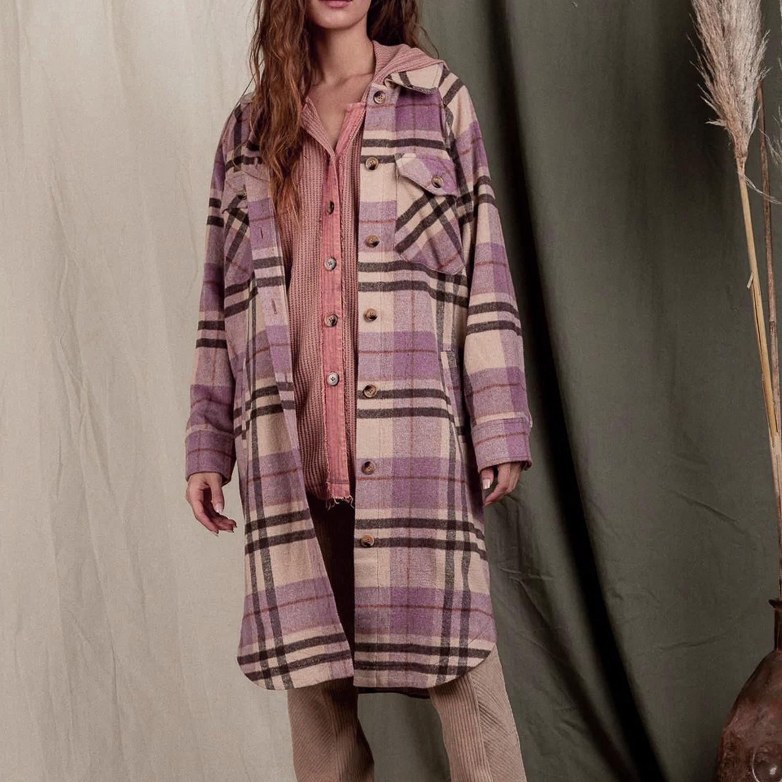 

Женская зимняя мода с лацканами, большим карманом, длинным рукавом, клетчатый кардиган S розовый