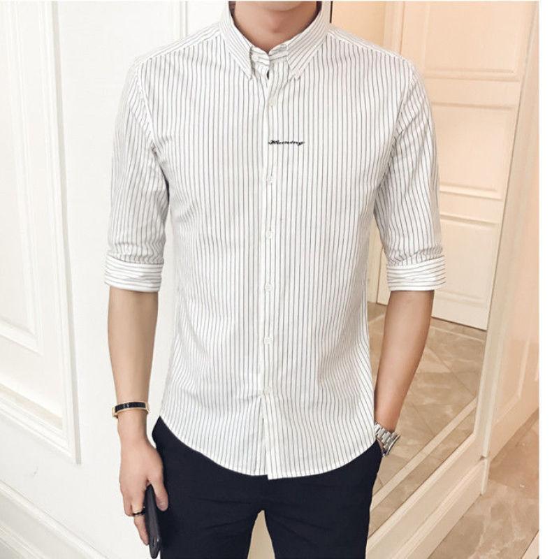 2024 New Summer Fashion Korean Version Trendy Lapel Stripes Casual and Handsome Slim Fit Men's Quarter Sleeved Shirt Shirt