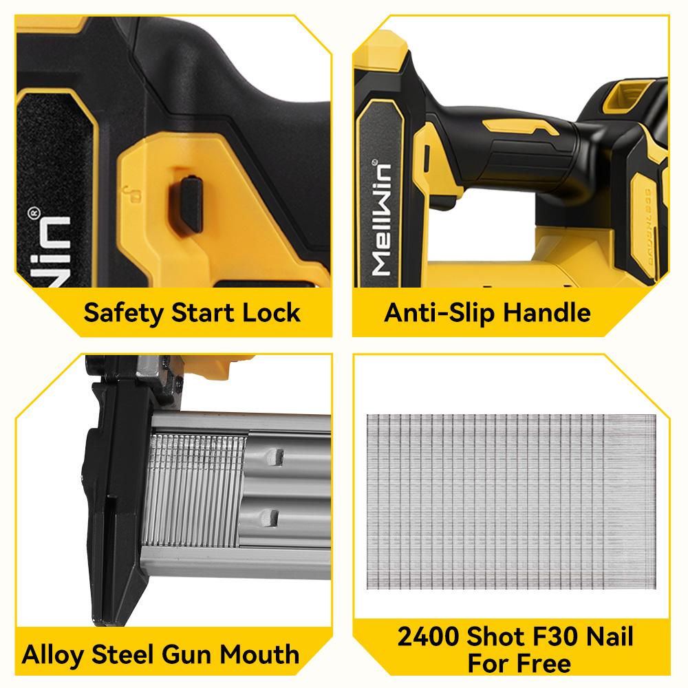MELLWIN Cordless Electric Nail Gun 2 Mode Wireless Stapler Woodworking Framing Staple Gun Tools F30 For Makita 18V Battery Pin