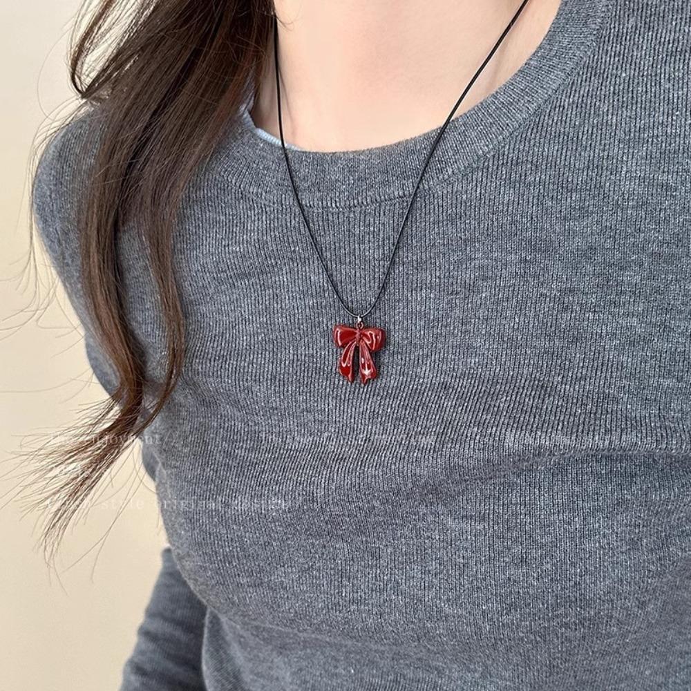 Leather Rope Clavicle Chain Bow Red Necklace Y2K Sweater Chain  For Women Girls