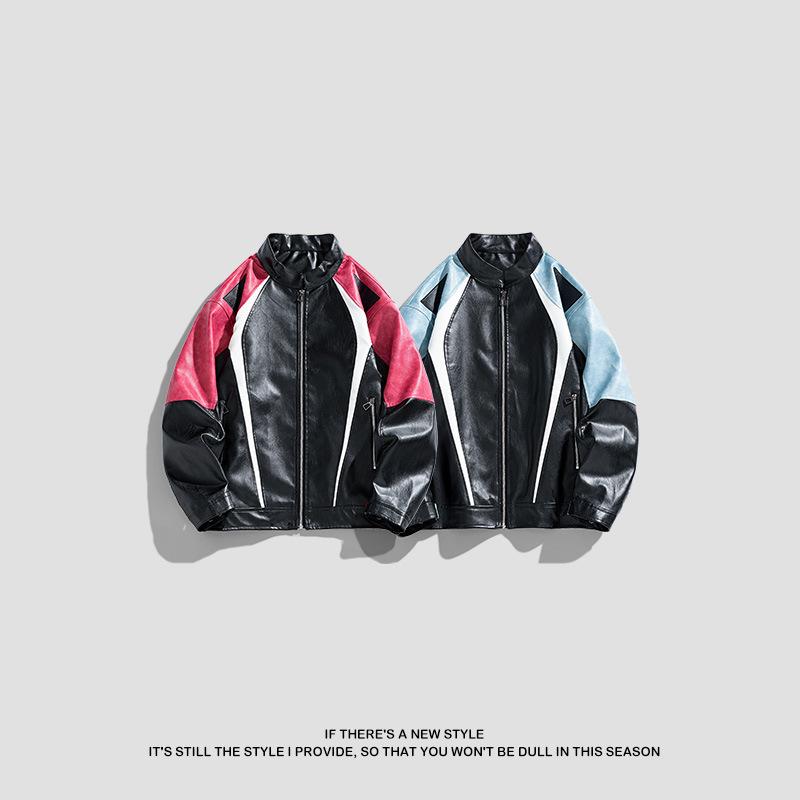 American PU Leather Jacket for Men, Spring and Autumn New Stand-up Collar Biker Jacket, Versatile Trendy Thin Jacket for Men