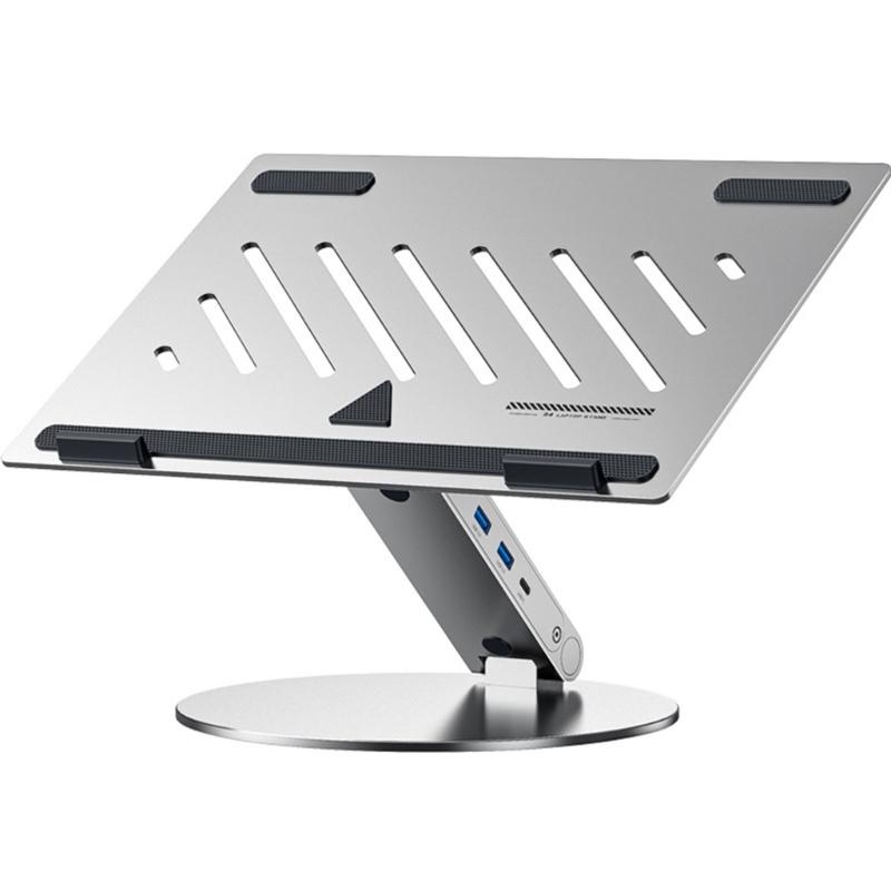 Regulowany aluminiowy stojak na laptopa z dołączonym połączeniem USB typu C oferujący szybkie ładowanie 100 W i szybki transfer danych USB