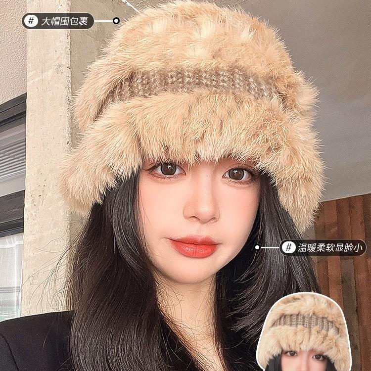 Hat Women's Autumn and Winter Versatile Cute Rabbit Fur Hat Big Head Circumference Shows Small Face 2025 Winter New Fluffy Lazy Hat