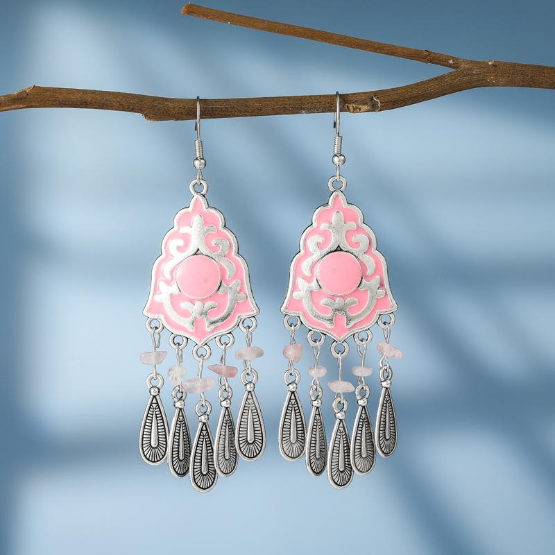

New Ethnic Irregular Natural Stone Metal Water Drop Earrings for Women Vintage Drop Oil Pattern Silver Color Earring Jewelry рожевий