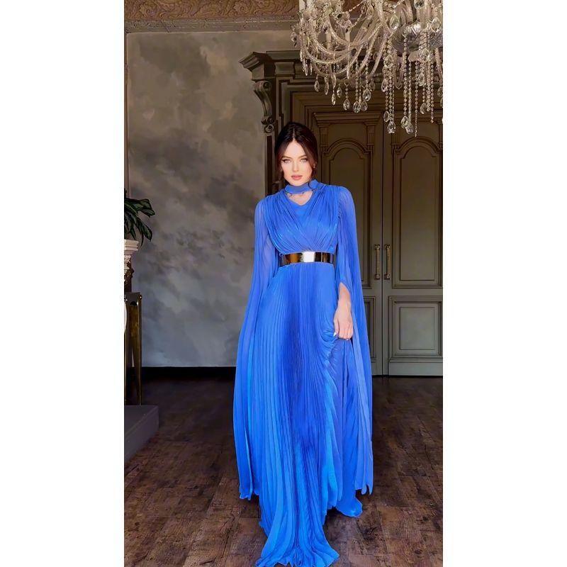 

Европейский и американский осенний новый V-образный вырез Пояс Длинный рукав Прозрачный Французский стиль Показывает темперамент Платье Формальное платье Blue S