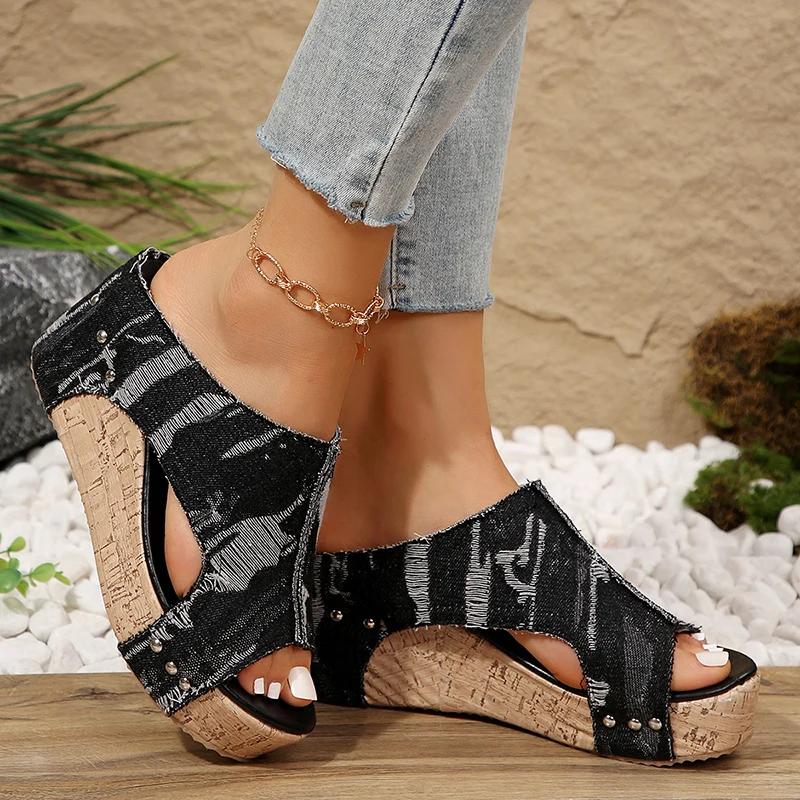 Fashion Women's Fashion Denim Wedge Heel Sandals Peep Toe Chunky Platform Sandals for Woman Summer 2025 Thick Bottom Non Slip Slippers