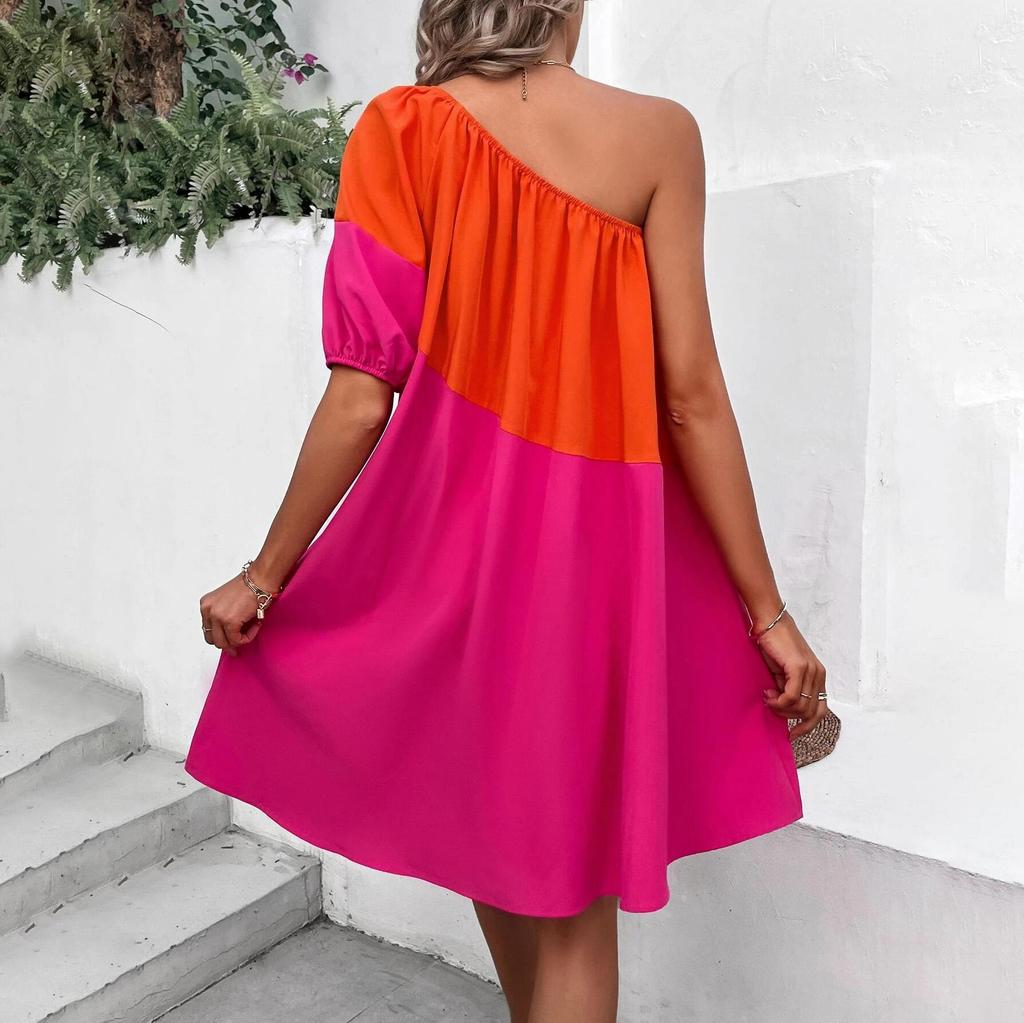 Spring Summer Women Seaside Vacation Loose Short Single Sleeve Dresses High Waist Color Block Slanted Shoulder Mid Length Dress S-XL