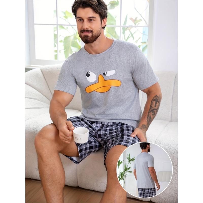 Men s casual short-sleeved T-shirt and plaid shorts set, graphic printed round neck micro-elastic top summer pajama set (2-piece set) S