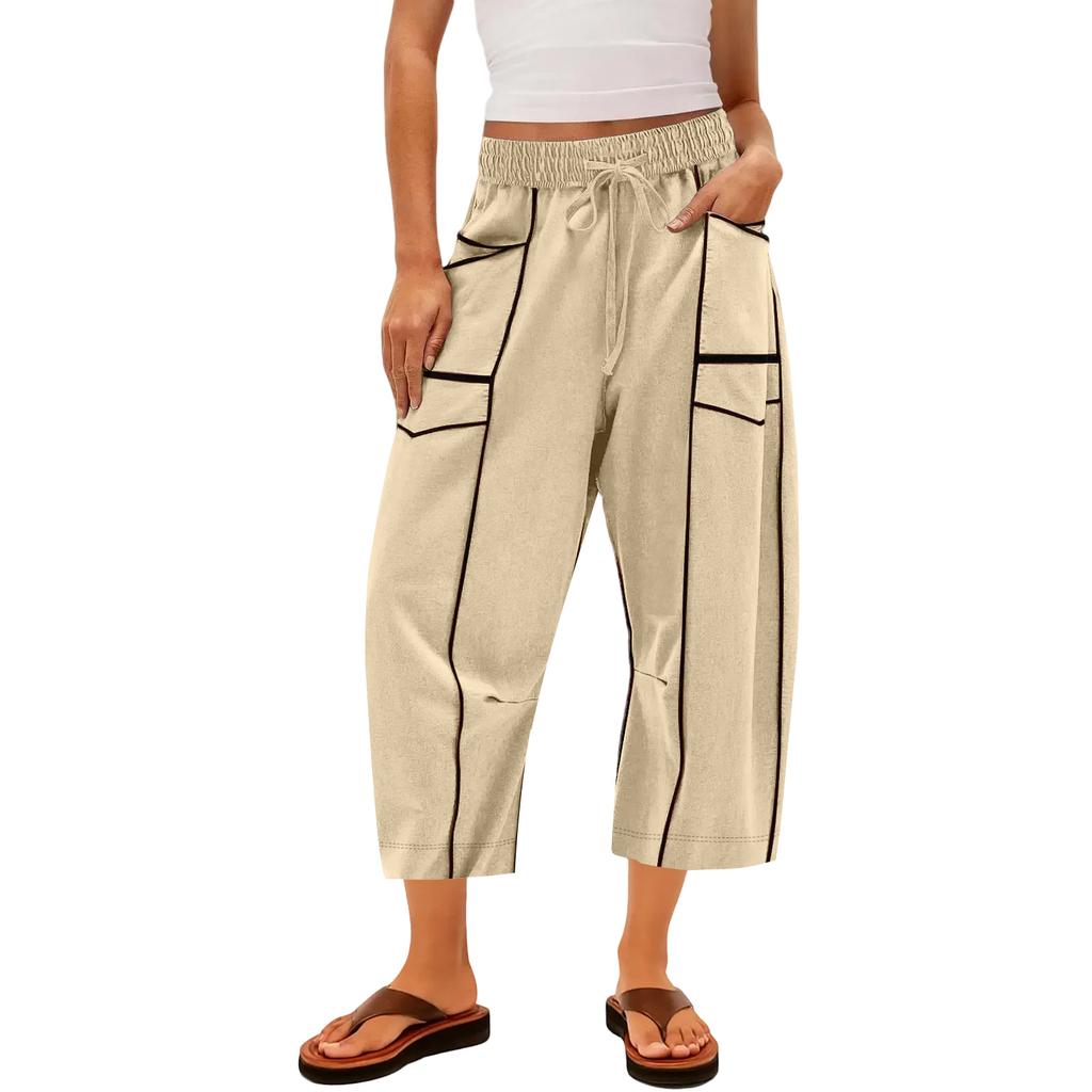 Ladies' Wide Leg Pants, High Waisted Straight Leg Pants, Spliced Pockets, Casual Cropped Pants
