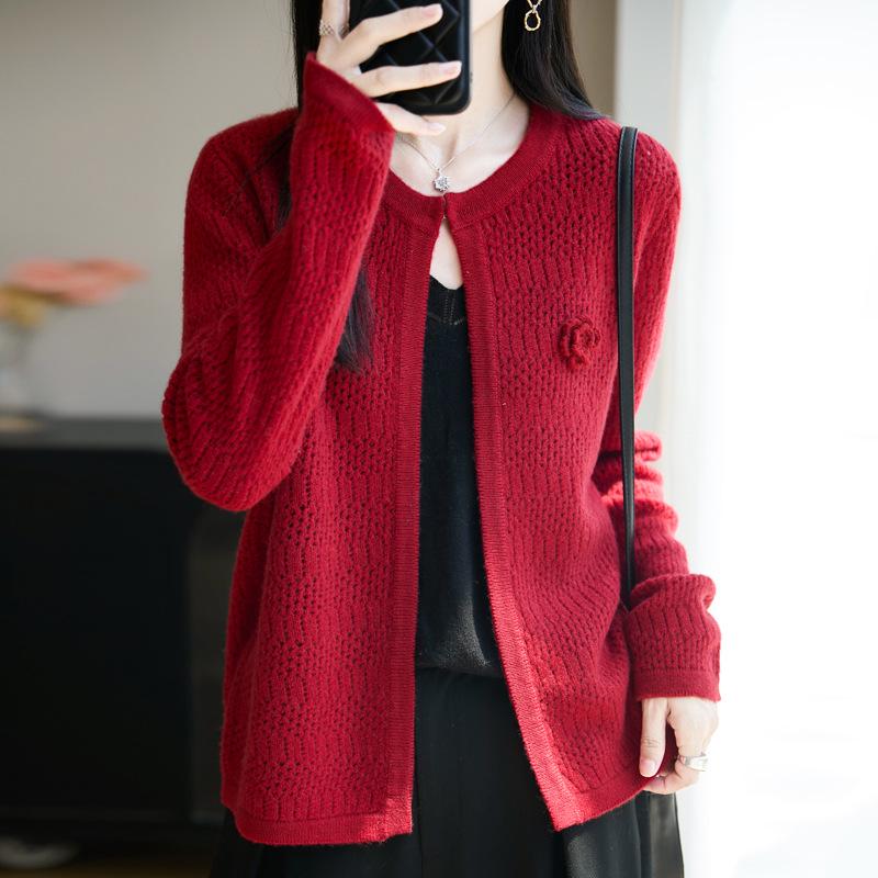 2025 Women's Shawl Style Sweater Cardigan: Round Neck, Hollow Out, Loose Fit, Versatile Long Sleeve, 100% Wool Outerwear