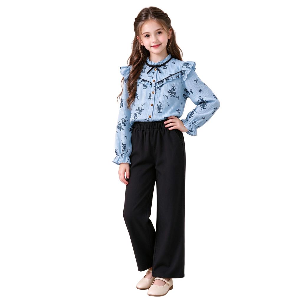 Girls' 2-Piece Outfit Set, Casual Printed Lace-Trim Long Sleeve Shirt and Wide Leg Pants for Everyday Wear