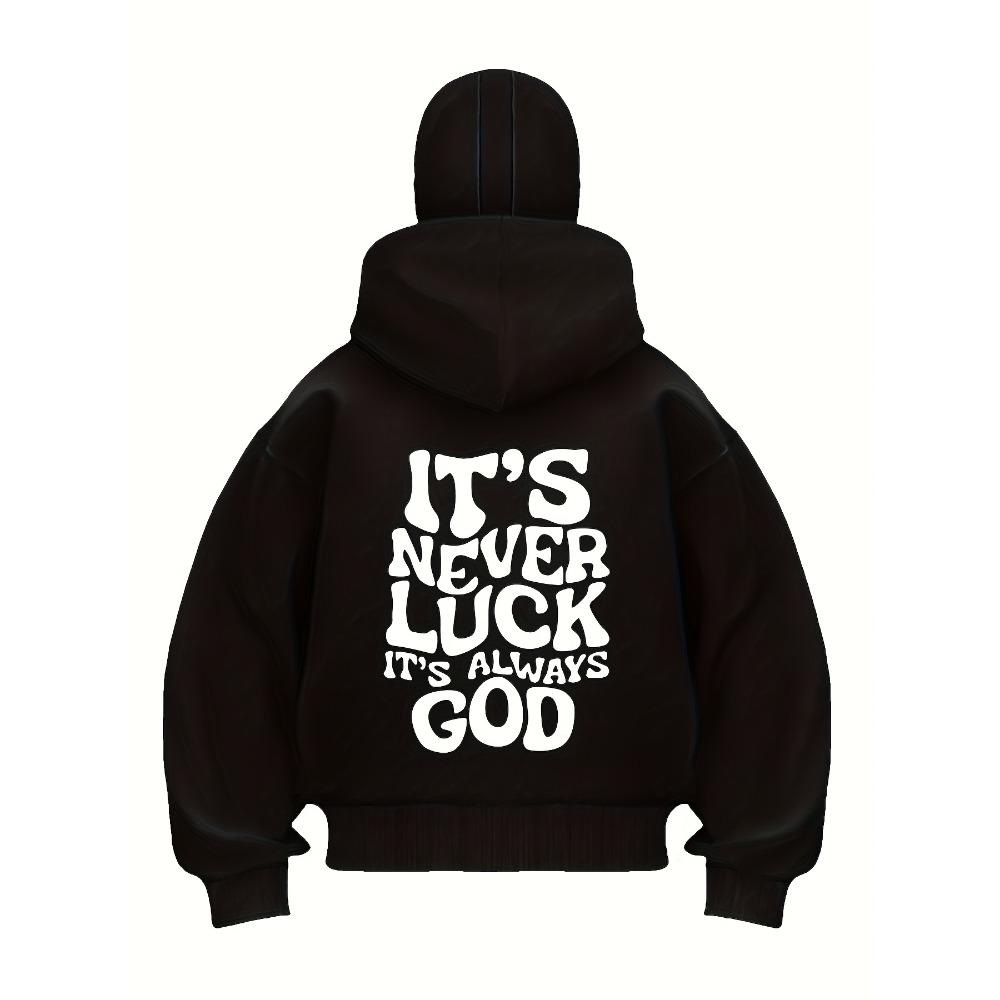 Men's Red Hooded Zipper Jacket "It's Never Luck It's Always God" Printed Jacket with Polyester Ribbed Cuffs and Hemps for Autumn and Winter