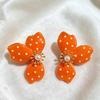 Orange Polka Dot Flower Stud Earrings Faux Pearl Center Gold Edged Sweet Style for Girls Daily Casual Outfits