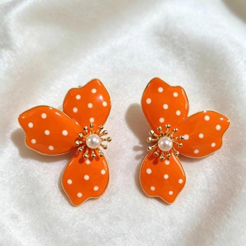 Orange Polka Dot Flower Stud Earrings Faux Pearl Center Gold Edged Sweet Style for Girls Daily Casual Outfits
