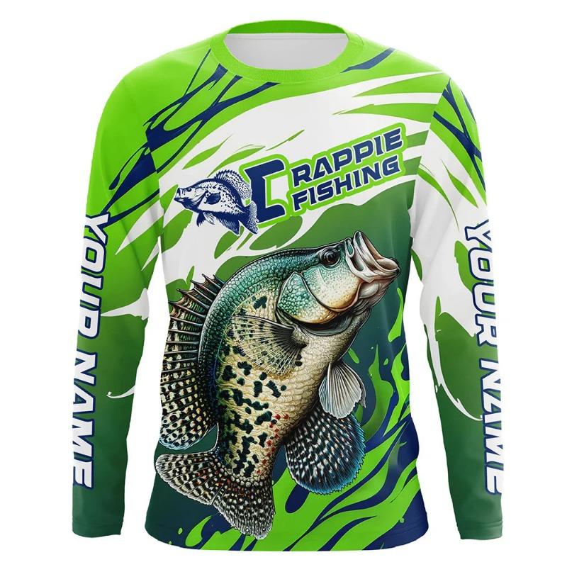 Crappie Fishing Long Sleeve T-shirt Men Green Fish Print Performance UPF Quick Dry Fishing Tops Clothing