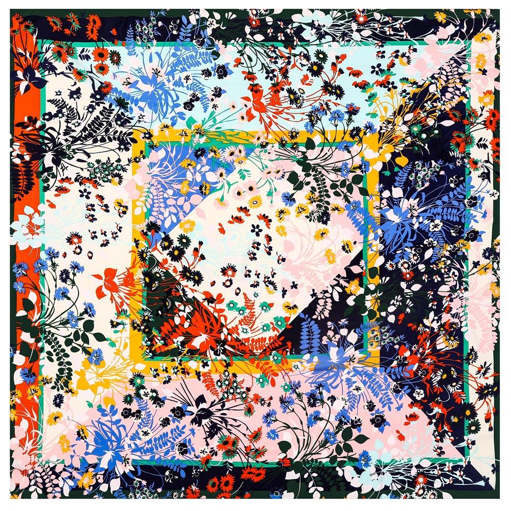 Silk Scarf Women Large Shawl French New Plant And Flower Print Square Bandana Luxury Kerchief Hijab Scarf Female Foulards 130CM