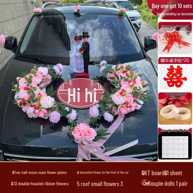 Kompletna dekoracja samochodu ślubnego: Kwiat na głowę, Kwiaty na klamki i Kwiaty na samochód główny/pomocniczy