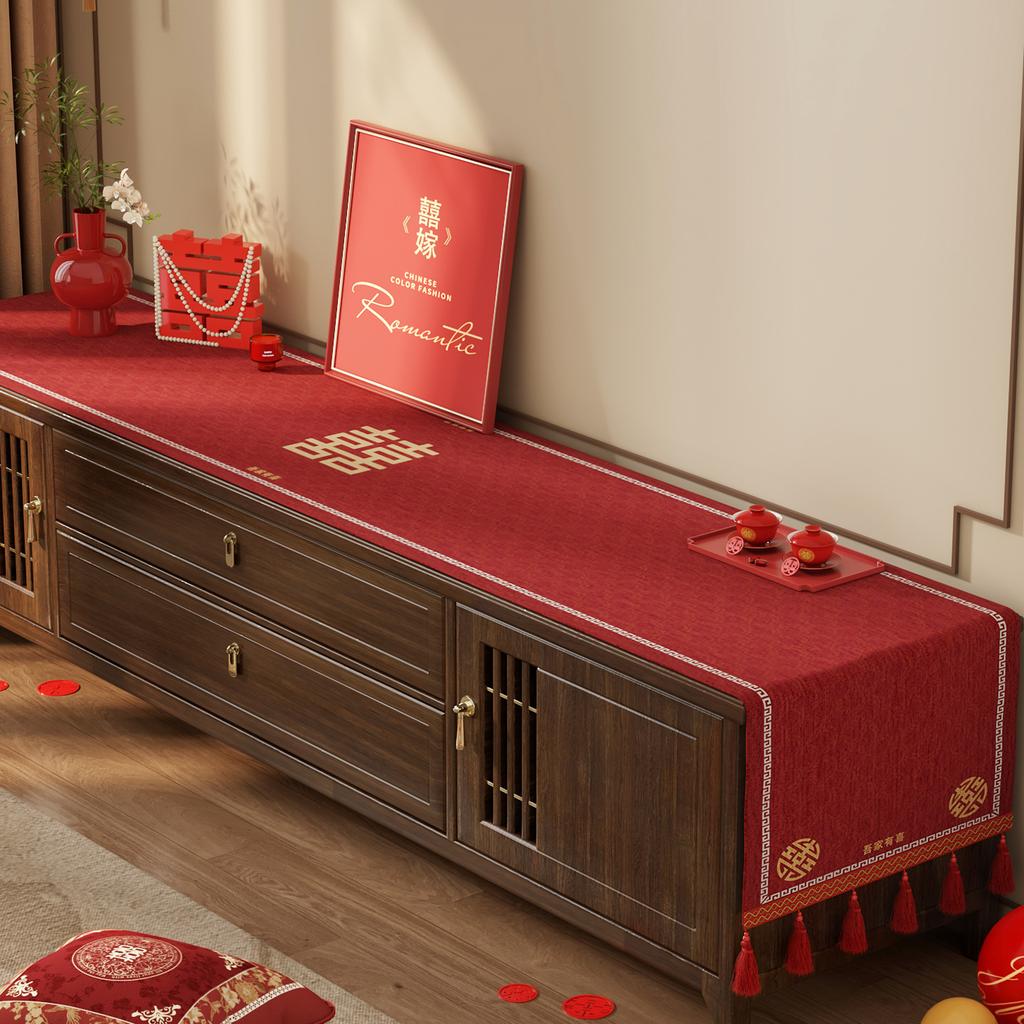 Wedding Tv Cabinet Tablecloth Light Luxury High-End Red Side Cabinet Long Strip Cover Festive Coffee Table Decorative Cloth