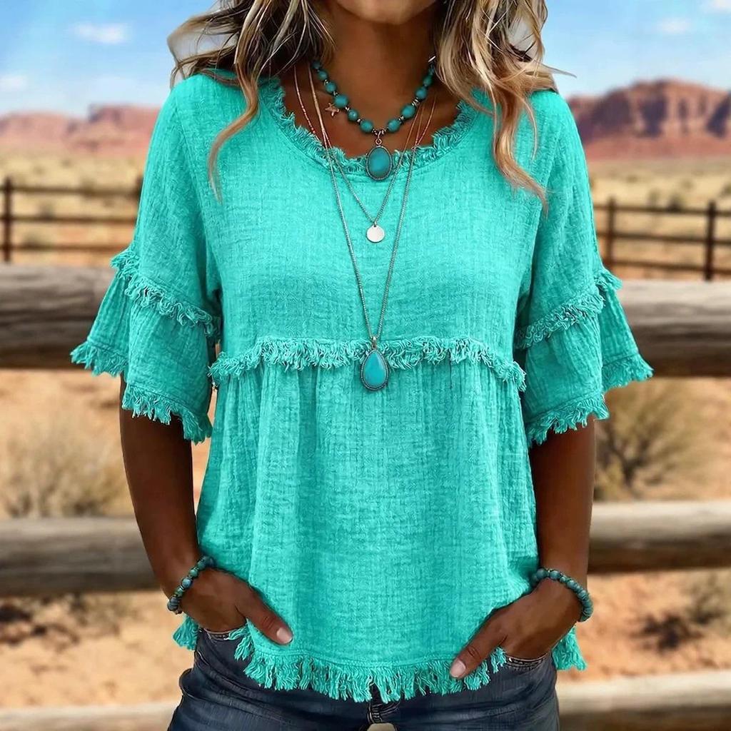 2026 European & American Loose Fit Women's Casual Short Sleeve Round Neck Pullover Top