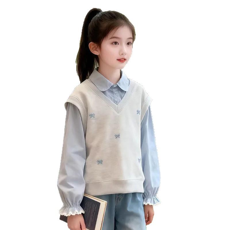 Girls Faux Two Piece Sweatshirt With Bow Tie Shirt Collar Long Sleeve Top Spring Autumn Thin Jacket For Students