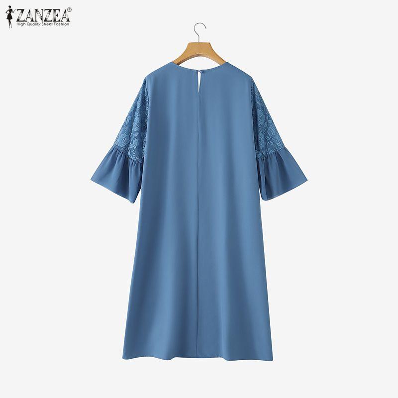 ZANZEA Women Casual Round Neck 3/4 Sleeve Elegant Lace Patchwork Dress
