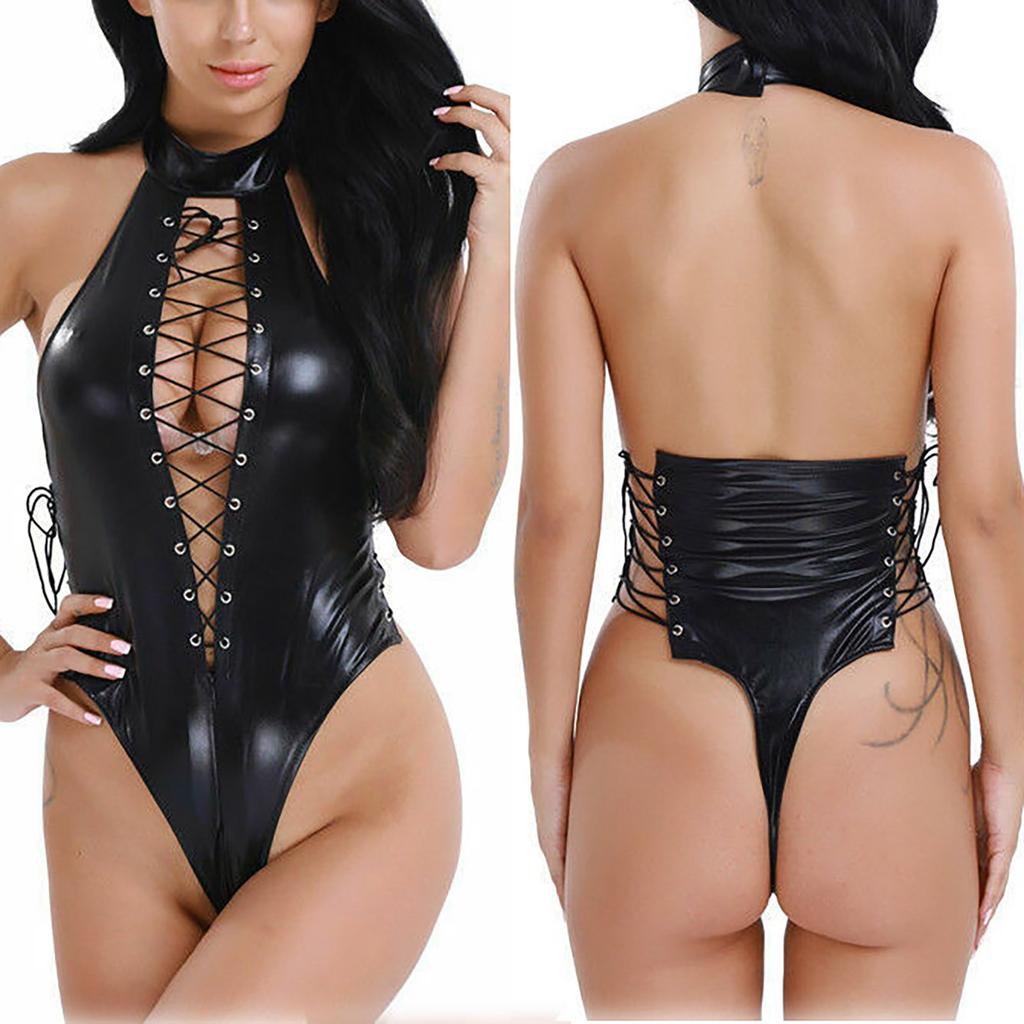 Damer Sexy Interessant Skinny Hollow Rope Lær Bodysuit Set