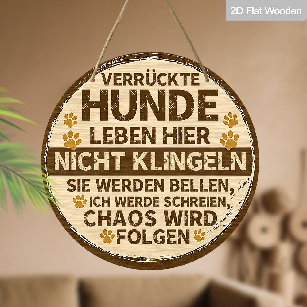 2D Flat Funny German " Leben Hier" Round Wooden Hanging Sign, Do Not Ring Doorbell Funny Warning Decorative Sign Suitable for Decorating Courtyards