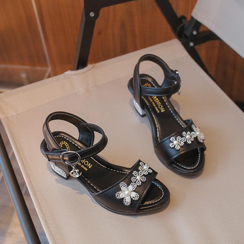 Girls’ Rhinestone Flower High Heel Sandals – Non-slip Soft Sole for Summer & Dance