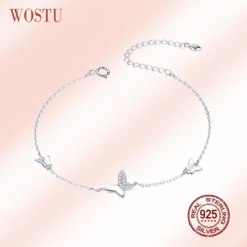 WOSTU Nueva Llegada Pulsera Original de Mariposa de Plata 925 Cadena de Eslabones Ajustable Brillante de Circonita Para Joyería de Mujer CQB197