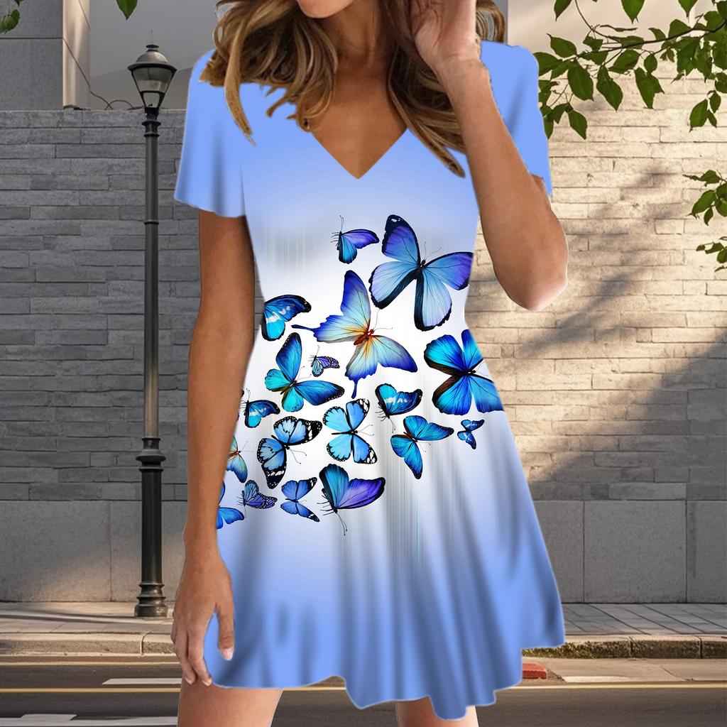 Summer Fashion Women's V Neck Short Sleeve Beautiful Butterfly Printed  Dress Sex Short Skirt Dresses