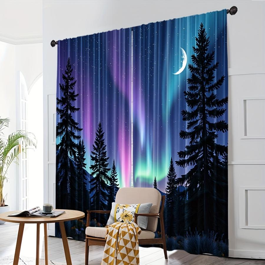 2PCS Digital Printed Curtains, Starry Sky Aurora Forest, Four Seasons Machine Washable Fabric for Bedroom Living Room Home Decor