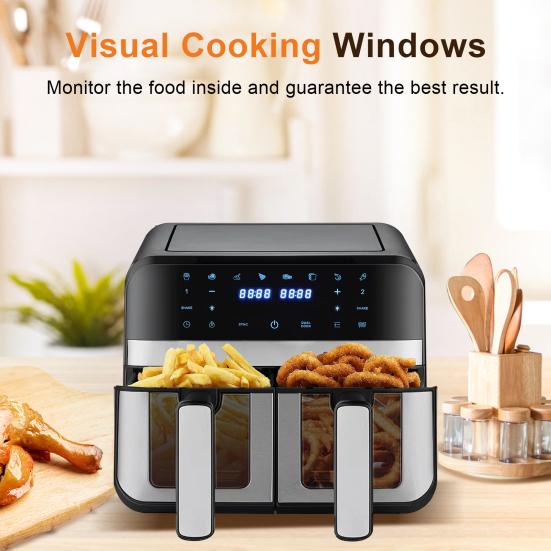 Friteuses à air chaud double zone avec fenêtre de visualisation Capacité 9L Double friteuse à air 2 tiroirs Écran tactile Fonction minuteur intelligent (EU Plug)