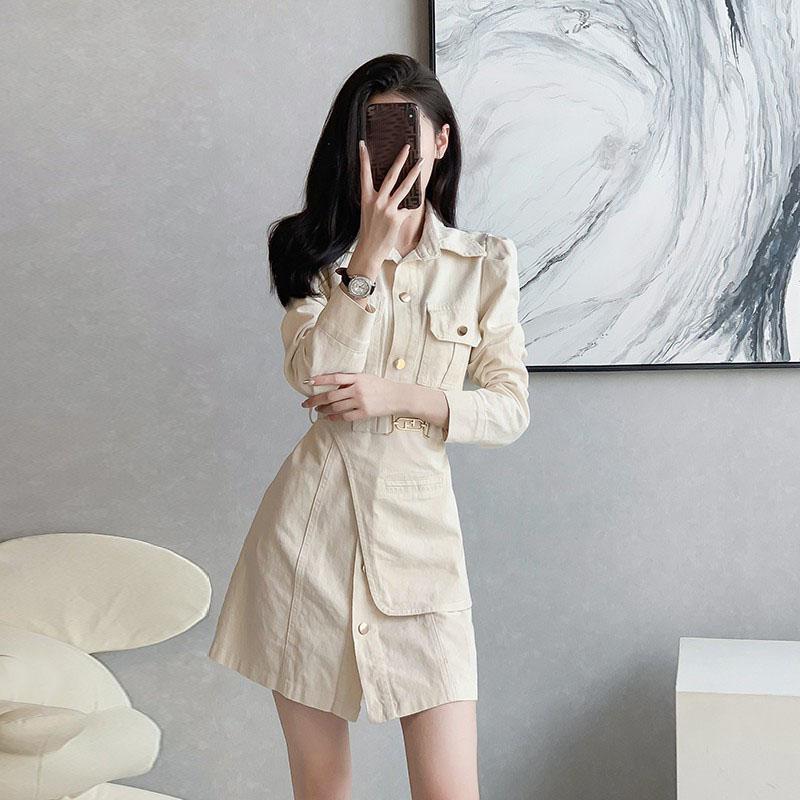 Denim Dress for Women French Short Dress Long Sleeve Workwear Wrap Hip Casual Ladies Style Casual Korean Sexy Mini Dress