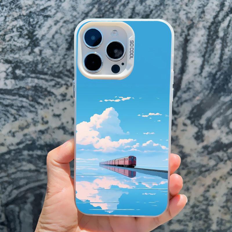 Sea Blue Sky Beach Rail Car Laser Phone Case For iPhone 16 11 12 13 Pro Max Mini 15 14 Pro Max Plus Shockproof Back Cover Fundas