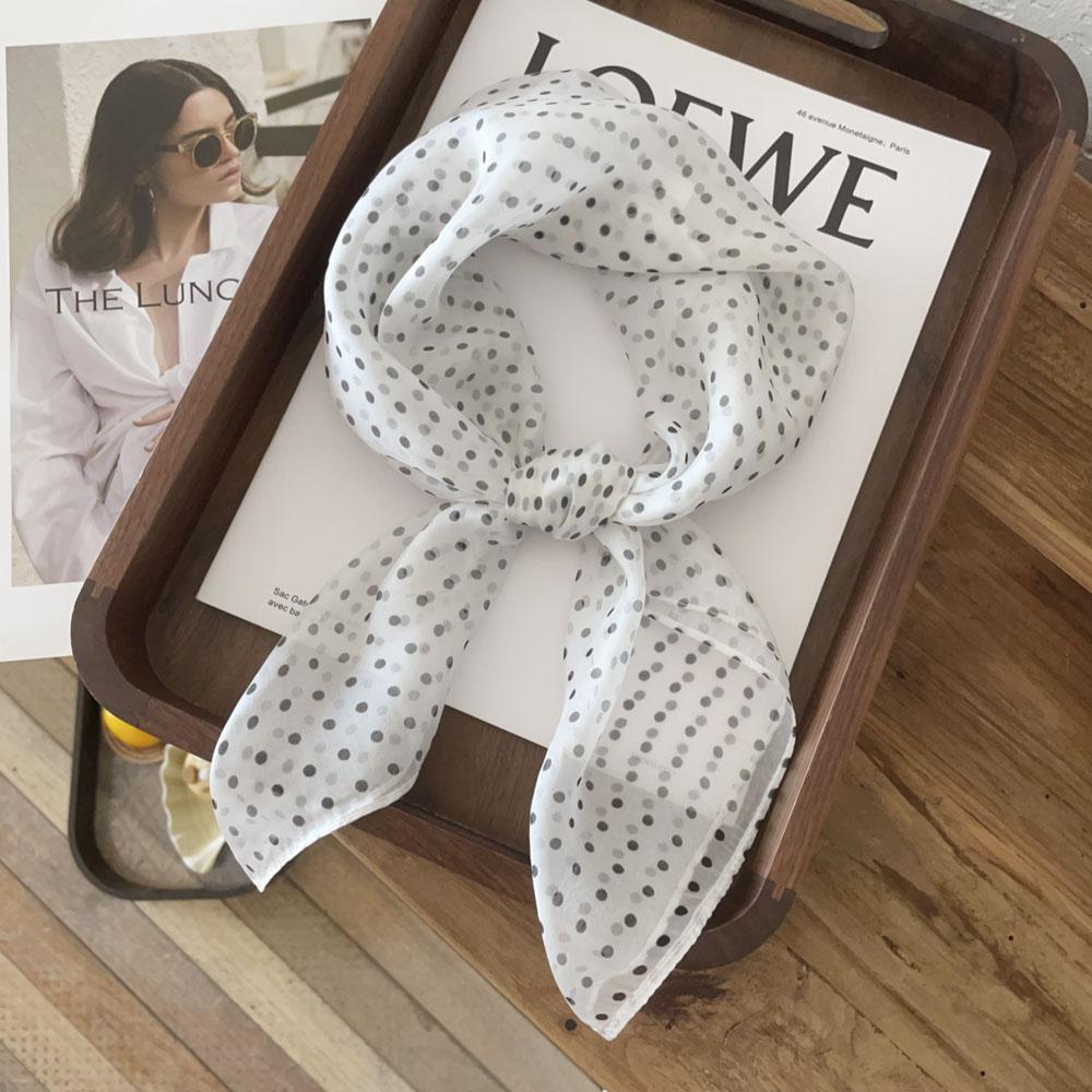 Chiffon silk scarf women's fashion new thin square scarf spring and summer versatile polka dot white 111 mulberry silk small scarf