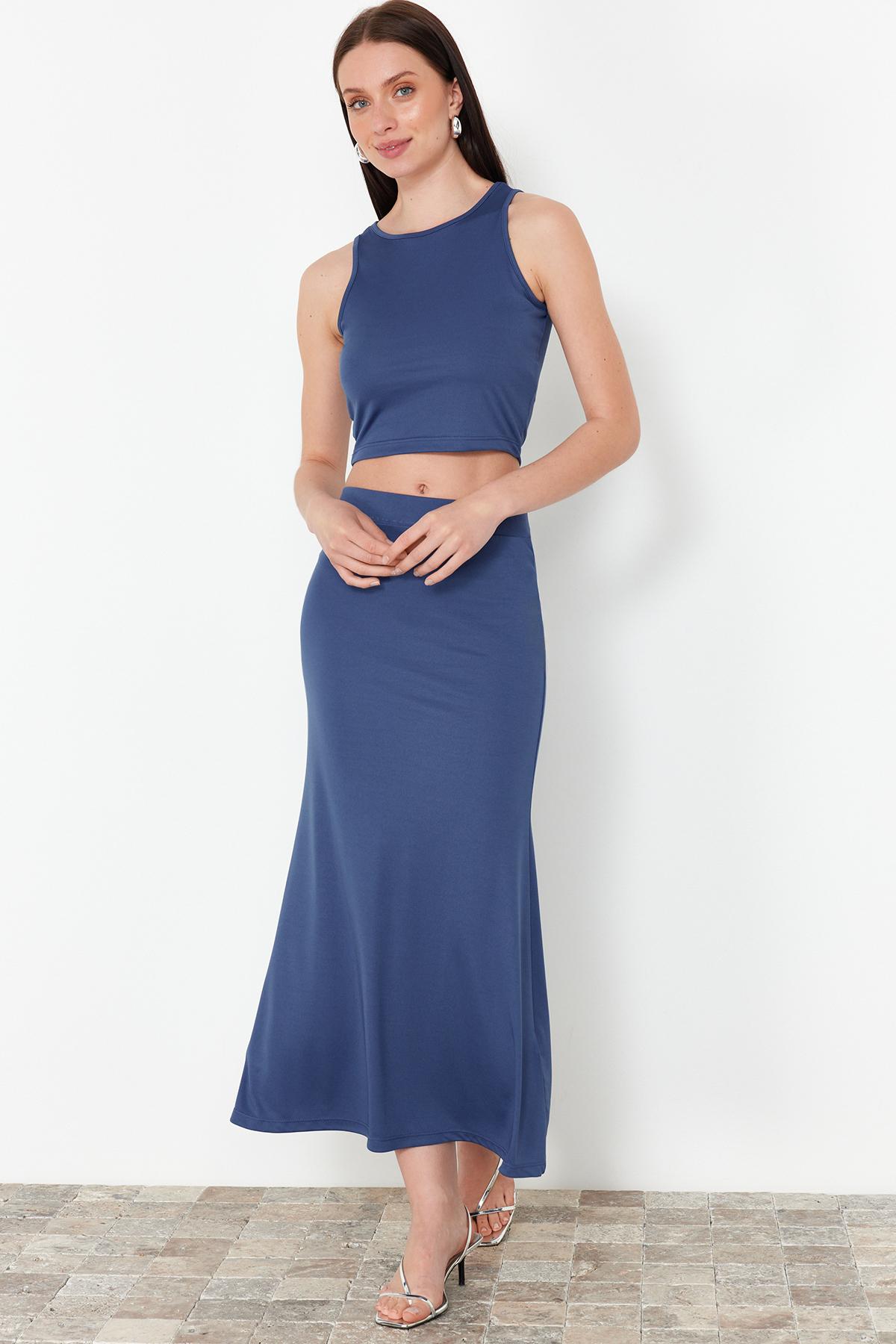 

Женский модный новый комплект с нижним верхом, укороченный комплект цвета индиго с нулевым рукавом, гибкий вязаный комплект с нижним верхом