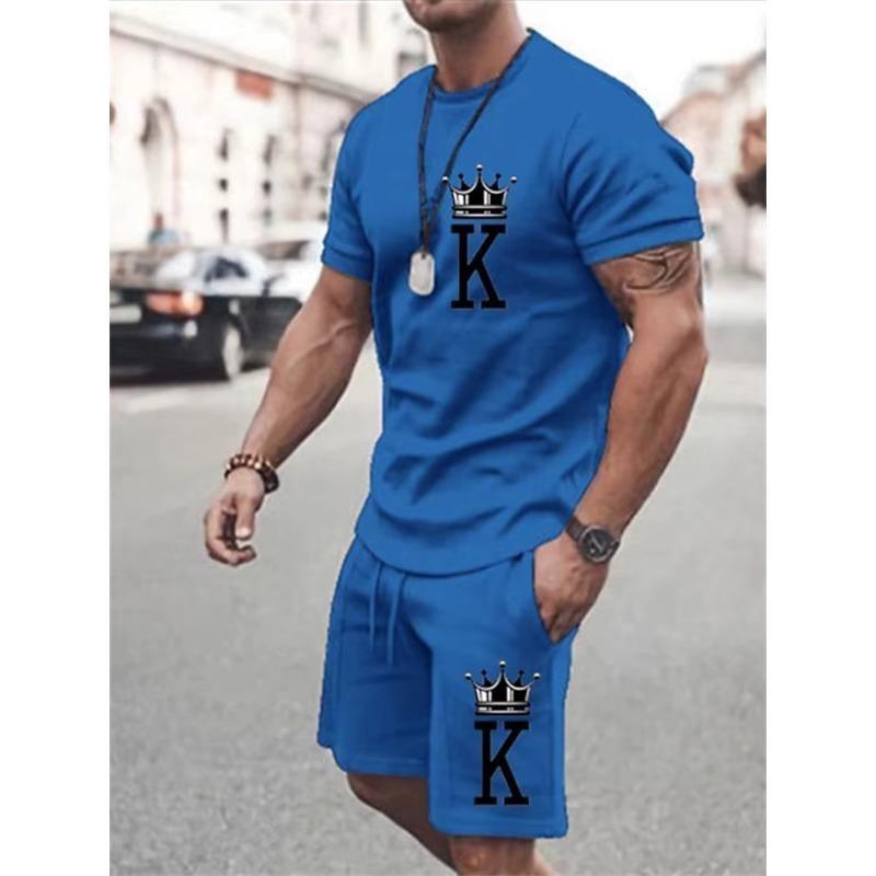 Abito casual da uomo estivo, due pezzi oversize, semplice, casual, streetwear, stampa king, abito da spiaggia, maglietta da uomo, pantaloncini, abbigliamento sportivo