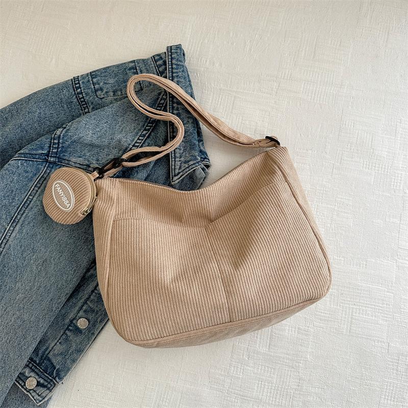 Large Capacity College Girls Simple Book Shoulder Bag Soft Corduroy Female Crossbody Bags Solid Colour Ladies Tote Purse Handbag