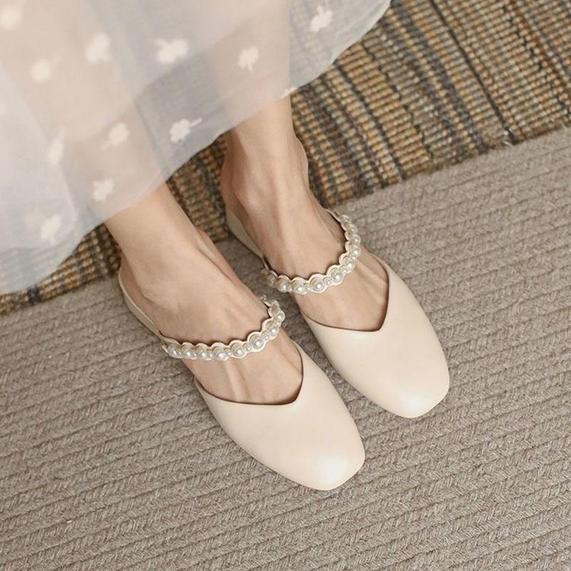 WTEMPO Summer Wrapped Toe Sandals Women's Square Toe Middle Thick Heel Pearl Soft Leather Soft Sole Slippers Fairy Style Comfortable Wear-resistant